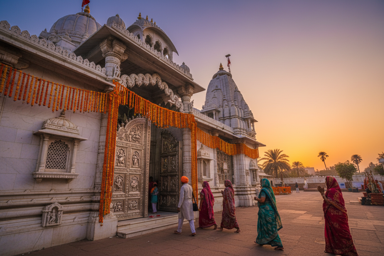 Karni Mata Mandir exterior with ornate silver gates and white marble facade in Deshnok Rajasthan — Spiritual Stories by Divya India