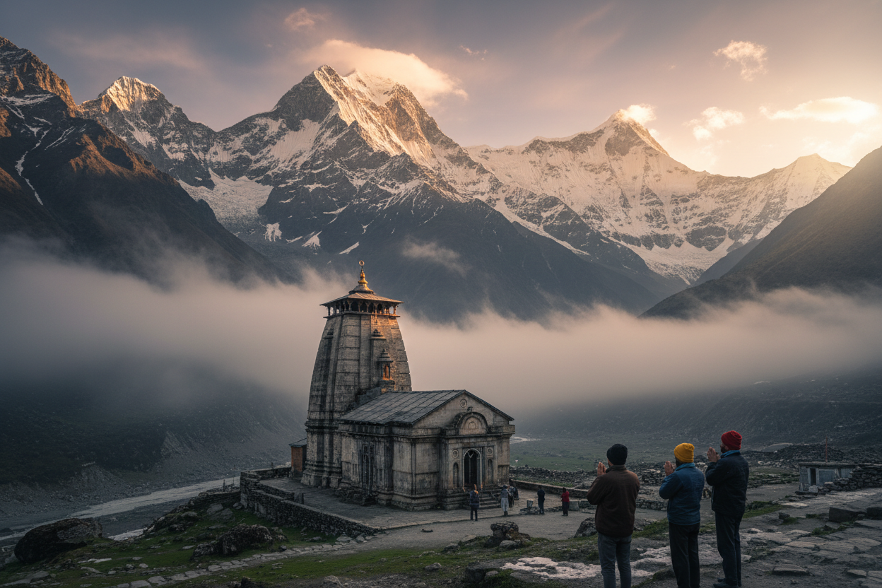 Kedarnath temple at golden hour with snow-capped Himalayan peaks — Secrets of the Sacred by Divya India