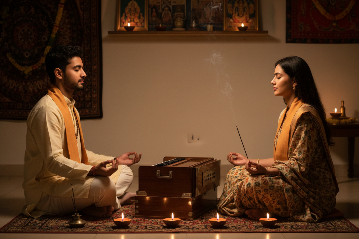 Young Indian couple in kirtan with harmonium diyas and saffron stoles