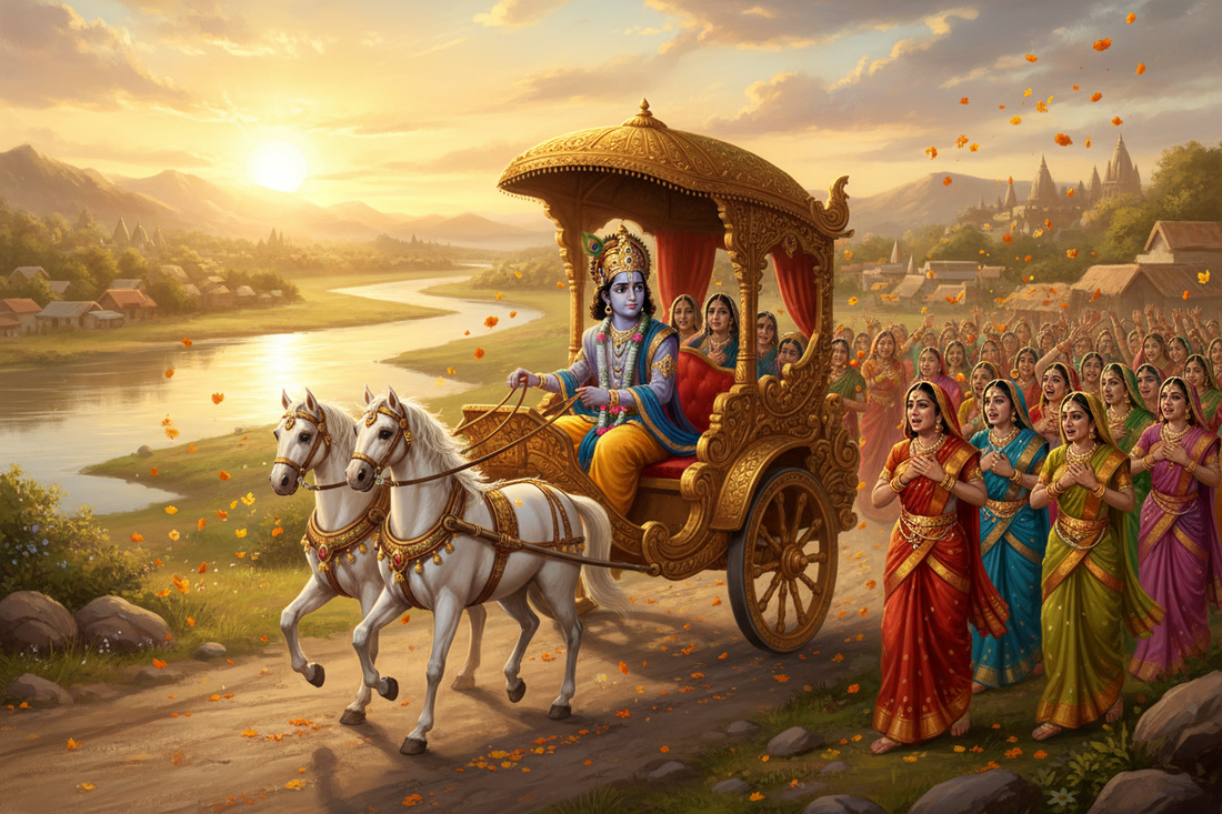 Young Lord Krishna leaving Vrindavan in a golden chariot, looking back at the gopis — Spiritual Stories by Divya India