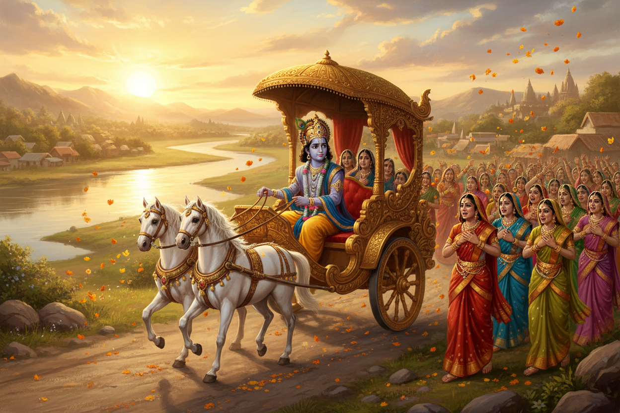 Young Lord Krishna leaving Vrindavan in a golden chariot, looking back at the gopis — Spiritual Stories by Divya India