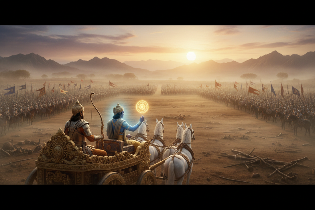 Kurukshetra battlefield at dawn — Arjuna and Krishna on chariot