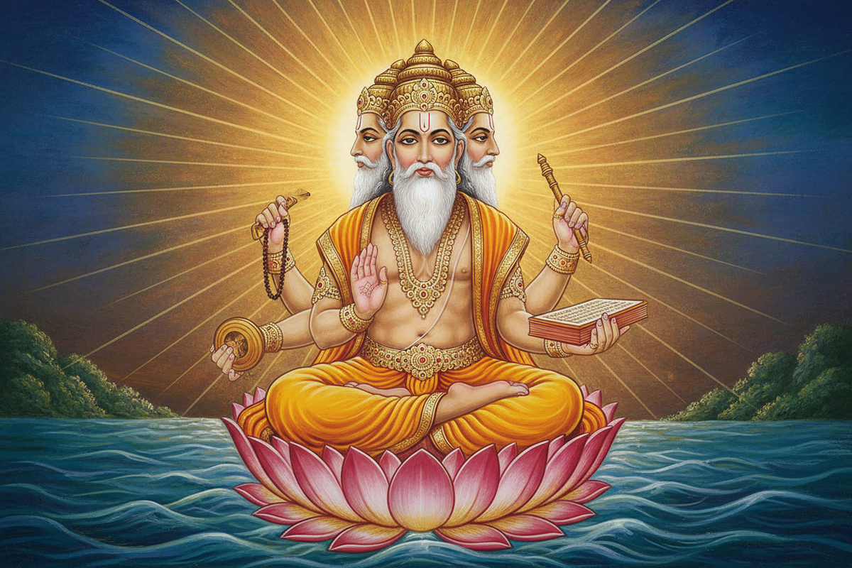 Lord Brahma seated on lotus throne with four heads and four Vedas — Secrets of the Sacred by Divya India