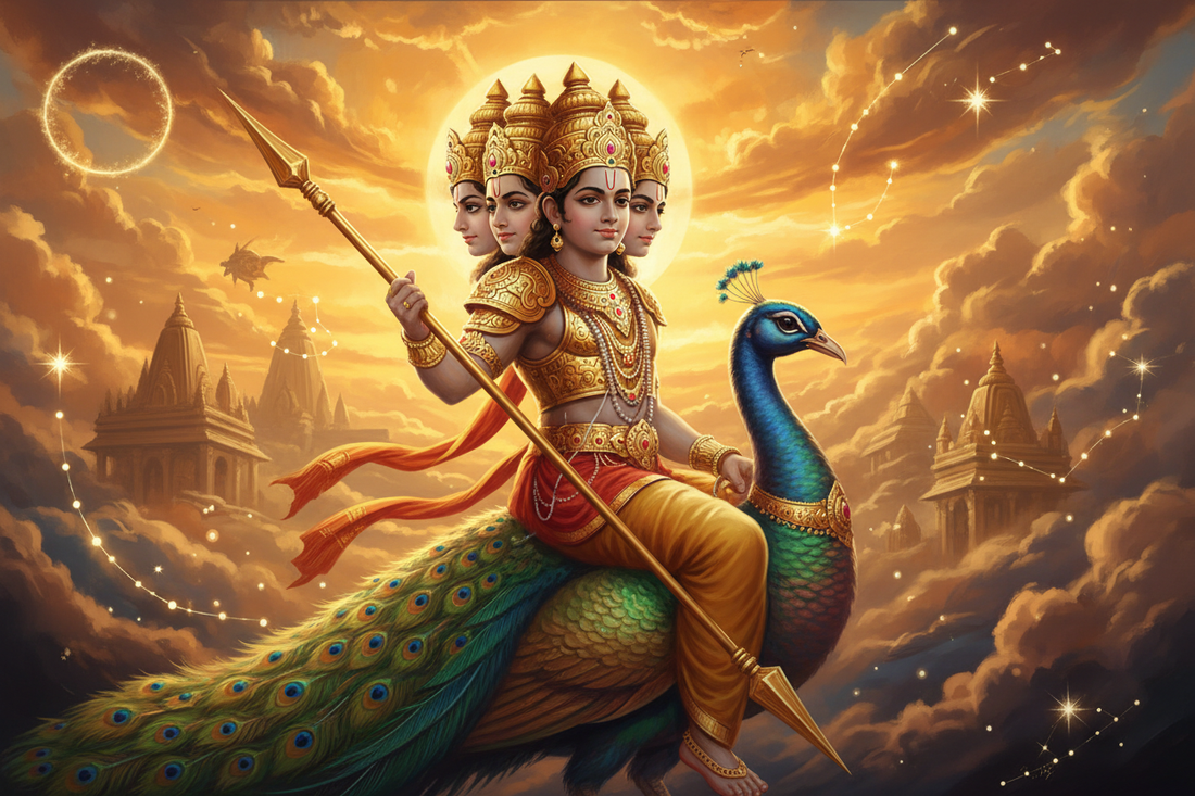 Lord Kartikeya riding his peacock — calm and resolute — Secrets of the Sacred Vol. 24 by Divya India