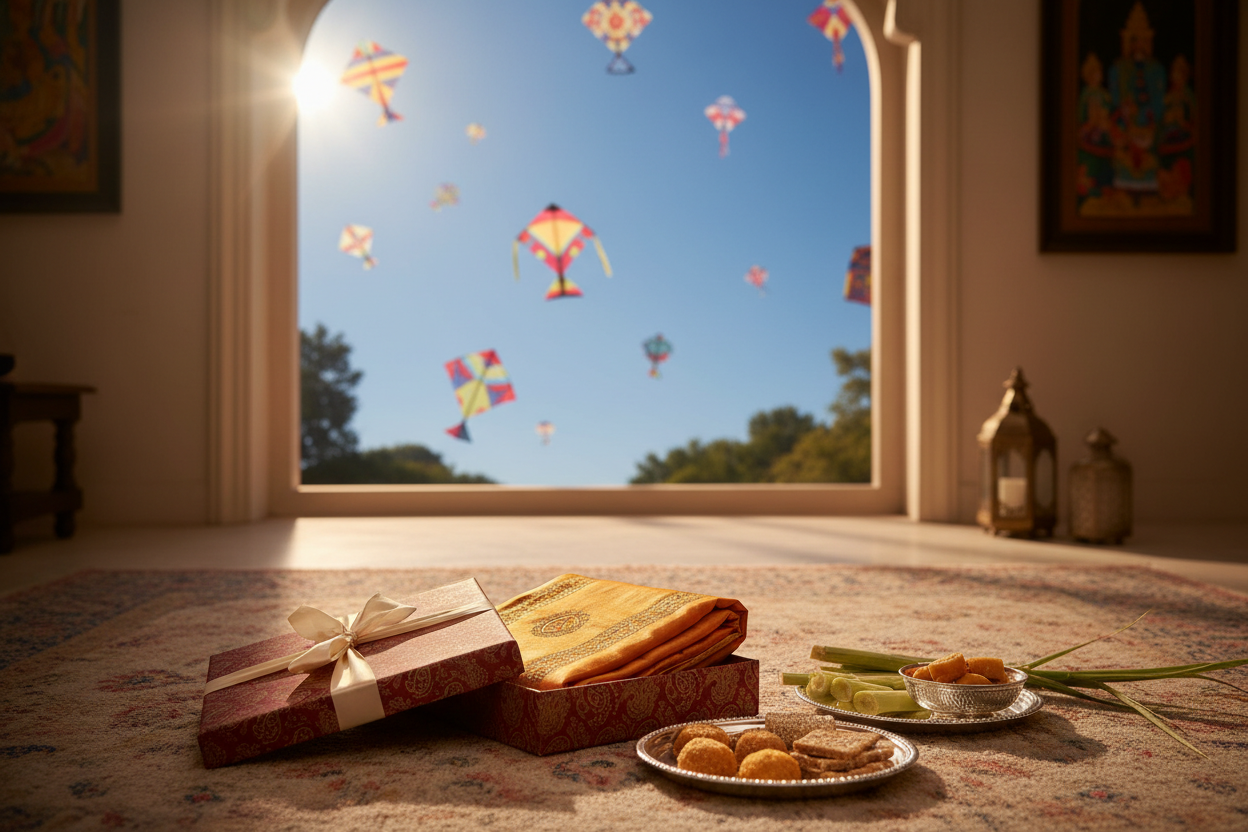 Premium orange silk stole gift box with kites for Makar Sankranti celebration