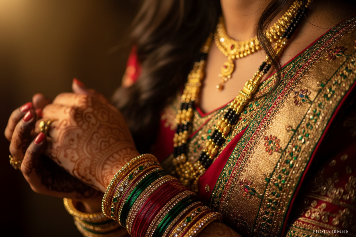Indian bridal symbols — mangalsutra, sindoor in hair parting and glass bangles — the sacred science of Hindu marriage traditions