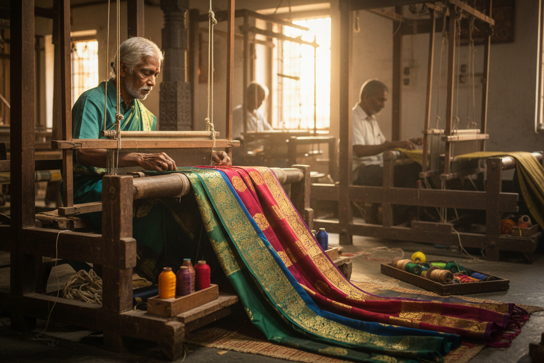 Master Kanjivaram silk weaver at traditional handloom with gold zari thread