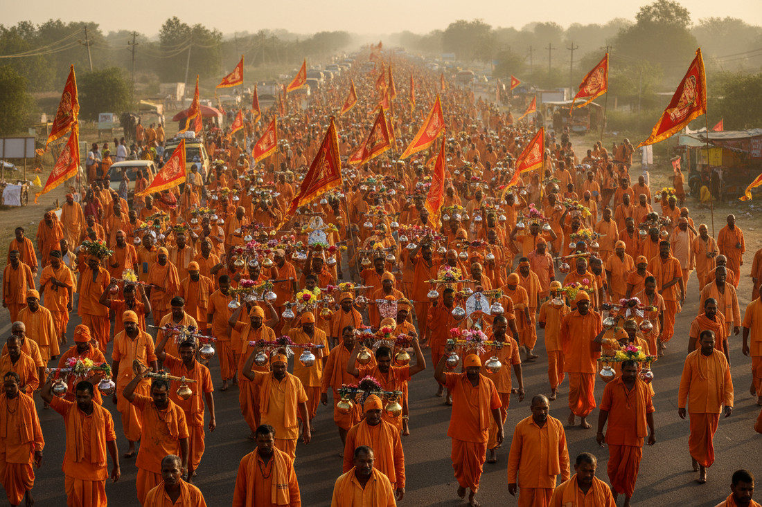 Millions of kanwariyas walking in saffron — The Kanwar Yatra Procession — Secrets of the Sacred Vol. 19 by Divya India