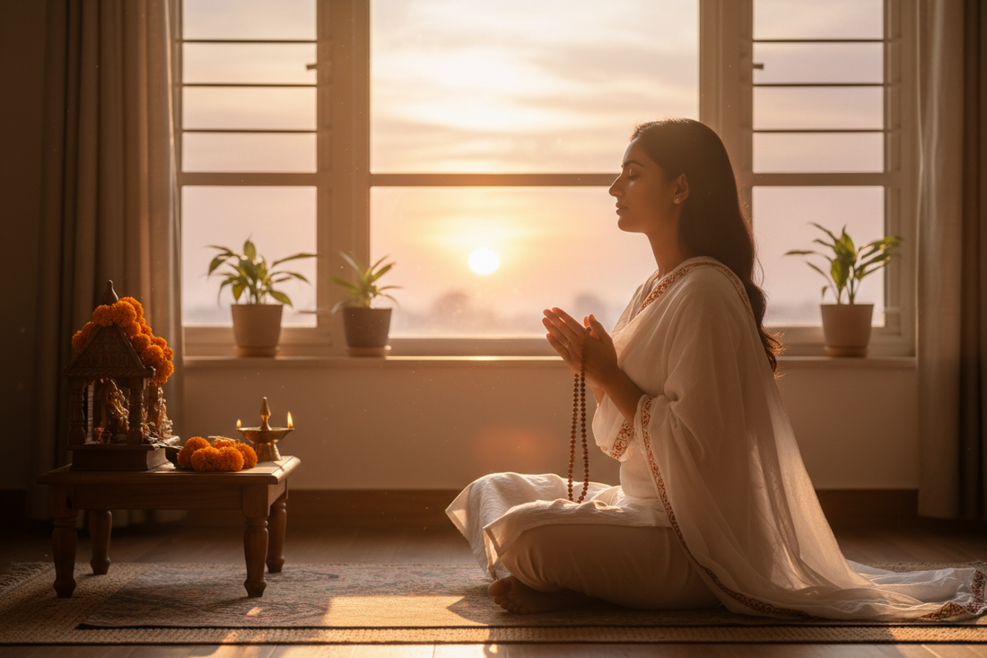 Young Indian woman in morning sadhana meditation at sunrise with white stole