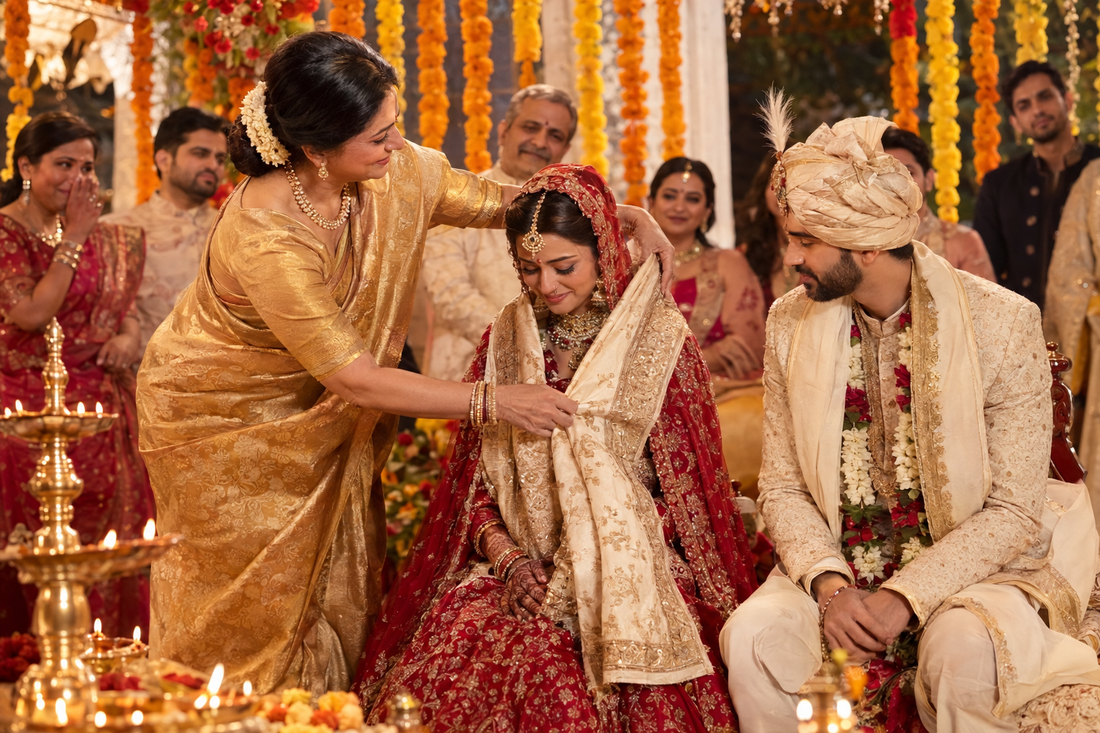 Mother-in-law draping gold embroidered ivory stole on bride at decorated Indian wedding mandap