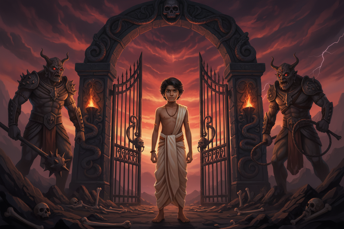 Nachiketa standing fearlessly at the gates of Yama’s kingdom — Secrets of the Sacred Vol. 13
