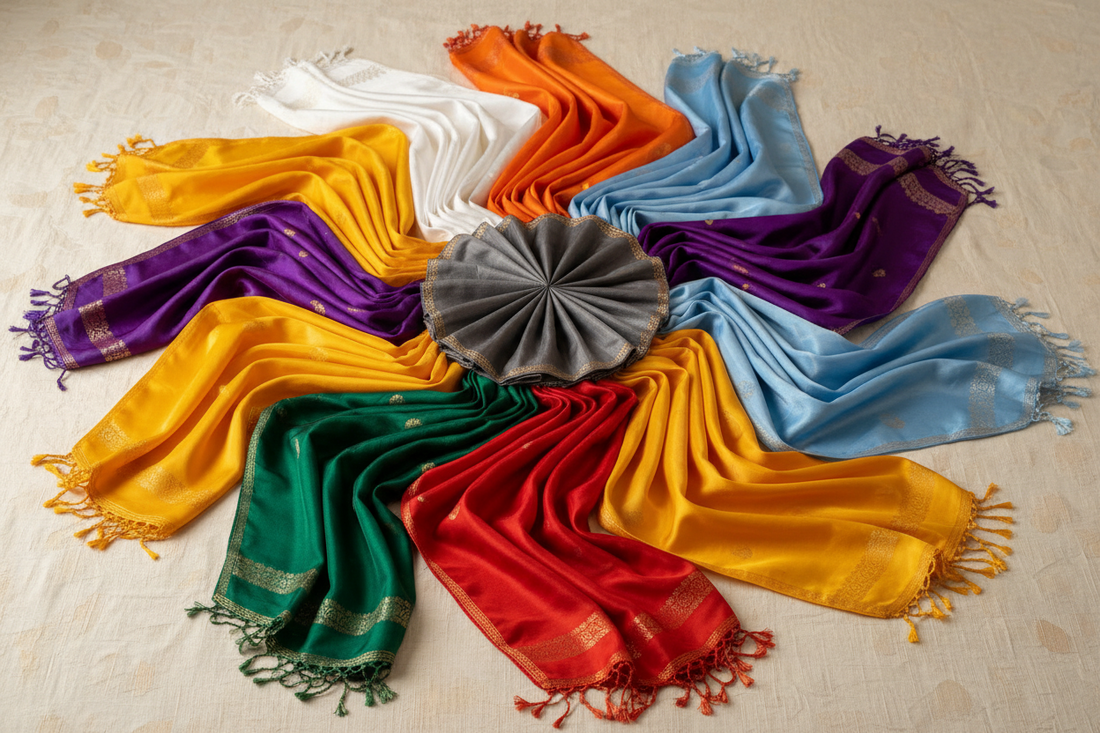 Nine Navdurga sacred colour silk stoles arranged in devotional mandala pattern