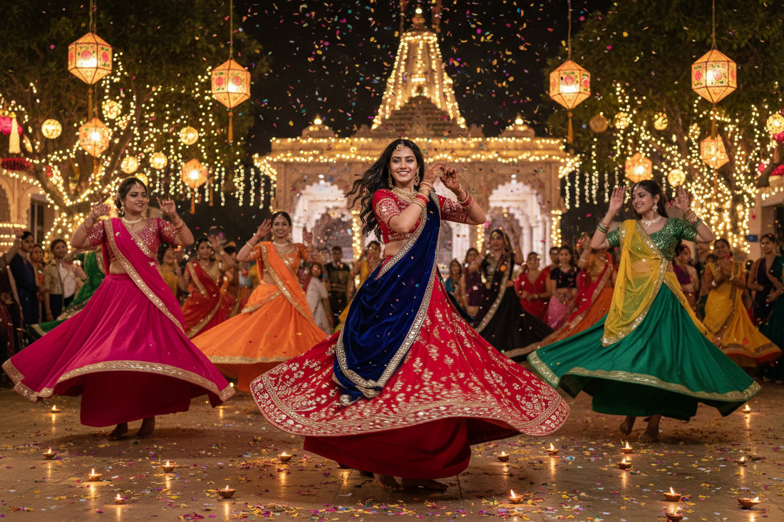 Indian women in vibrant traditional attire dancing garba at Navratri 2026 — the complete 9 nights, 9 colours outfit guide