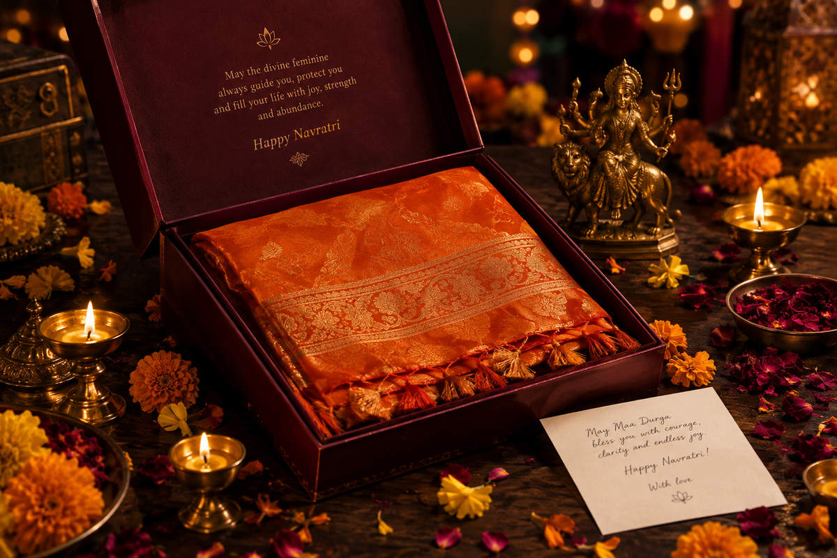 Navratri gift box with orange silk stole, glowing diyas, marigolds and brass Durga idol
