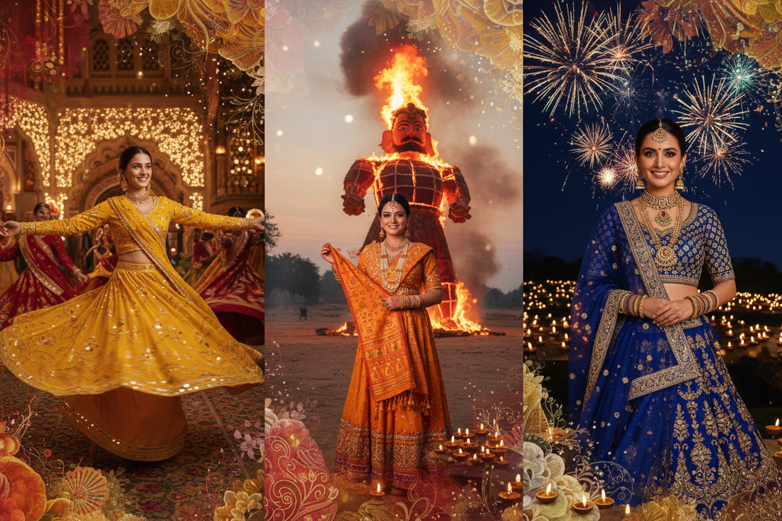 "Three scenes of India's October festival season — Navratri garba in yellow, Dussehra triumph in saffron, and Diwali night splendour in royal blue — your complete October 2026 festival style guide"
