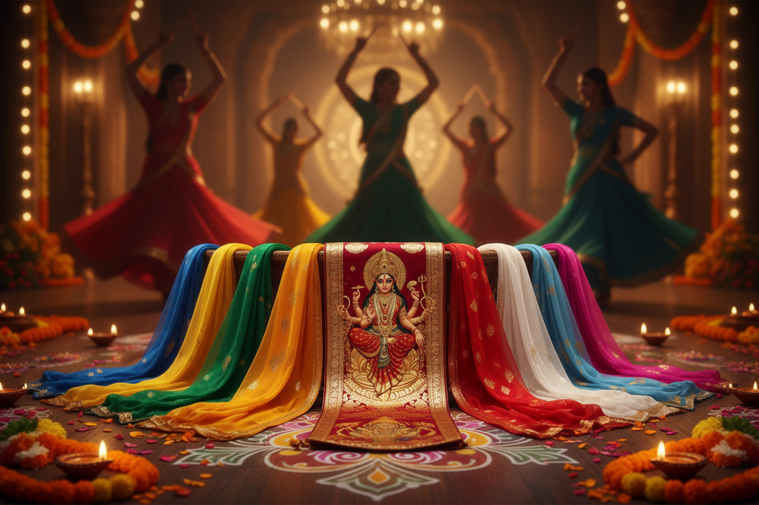 9 Navratri colour stoles with Maa Durga stole at center — premium festival stoles for Navratri garba and Durga Puja by Divya India
