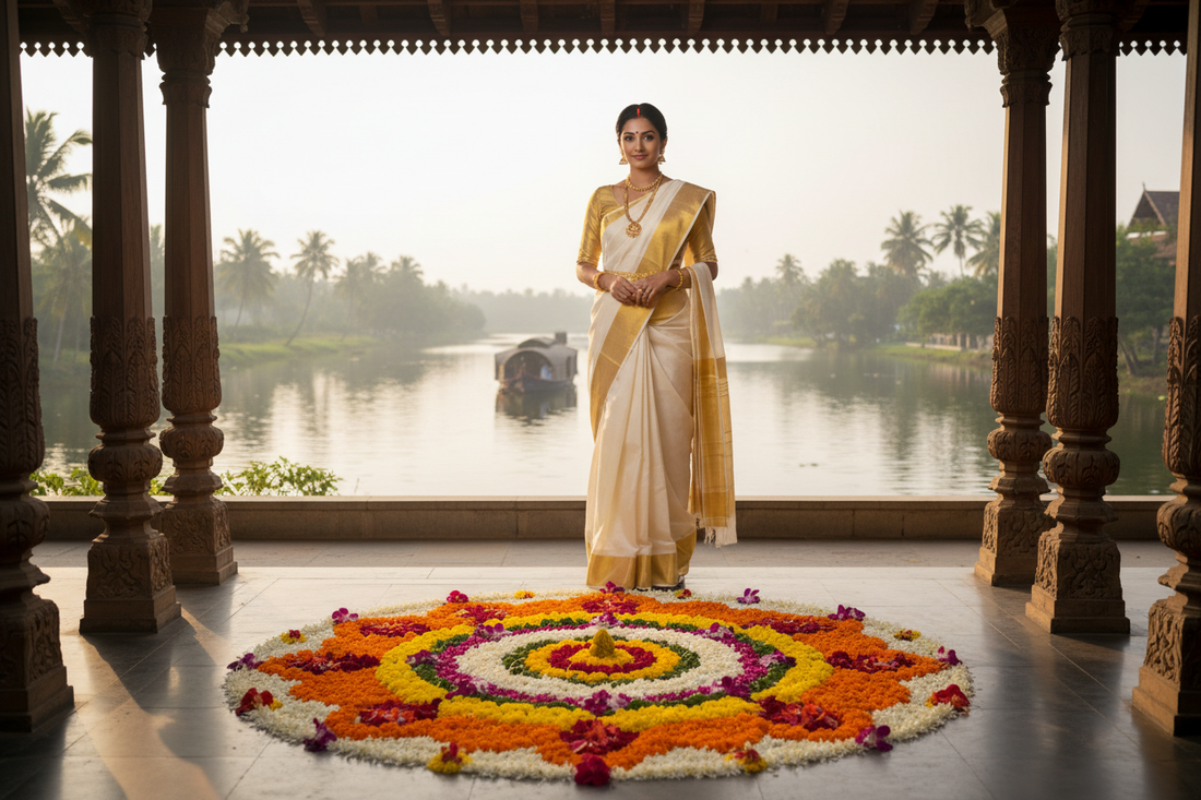 Kerala woman in traditional white and gold kasavu set mundu with neriyathu stole beside a vibrant Pookalam flower carpet — Onam 2026 celebration guide