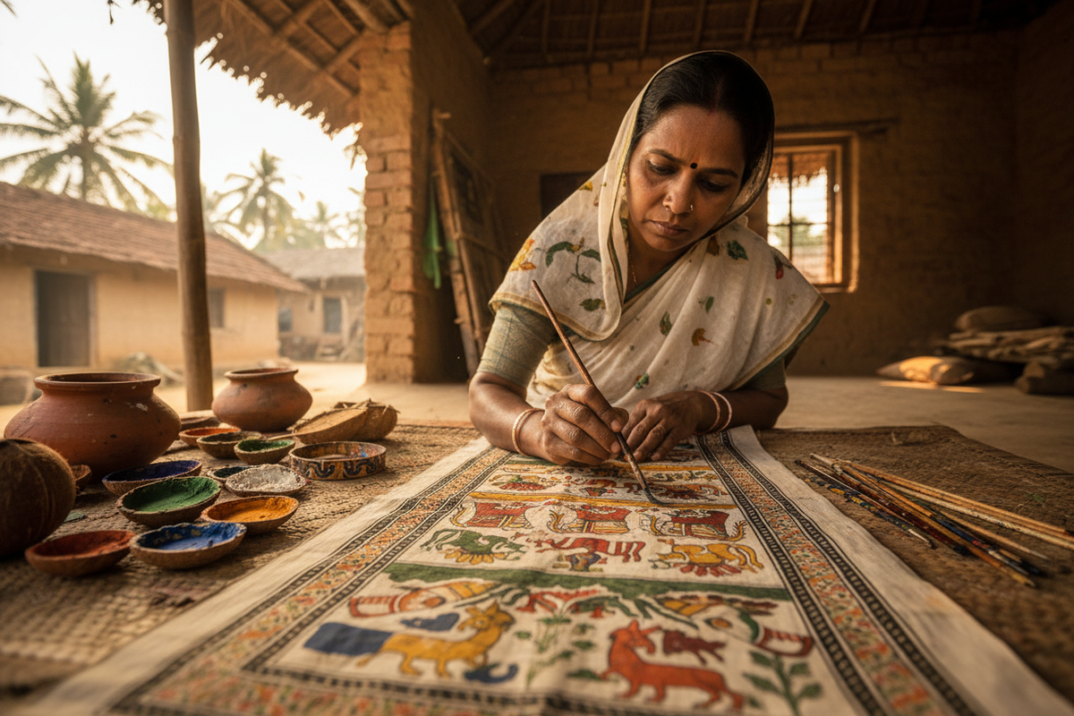 Pattachitra artist from Odisha painting traditional scroll art — Secrets of the Sacred Vol. 34 by Divya India