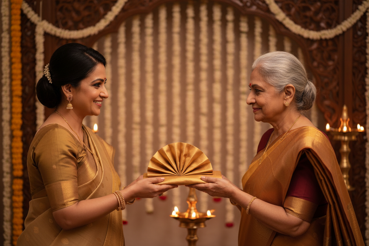 An Indian woman presenting a beautifully folded gold silk stole with both hands at a traditional ceremony — India's most meaningful gift for every occasion