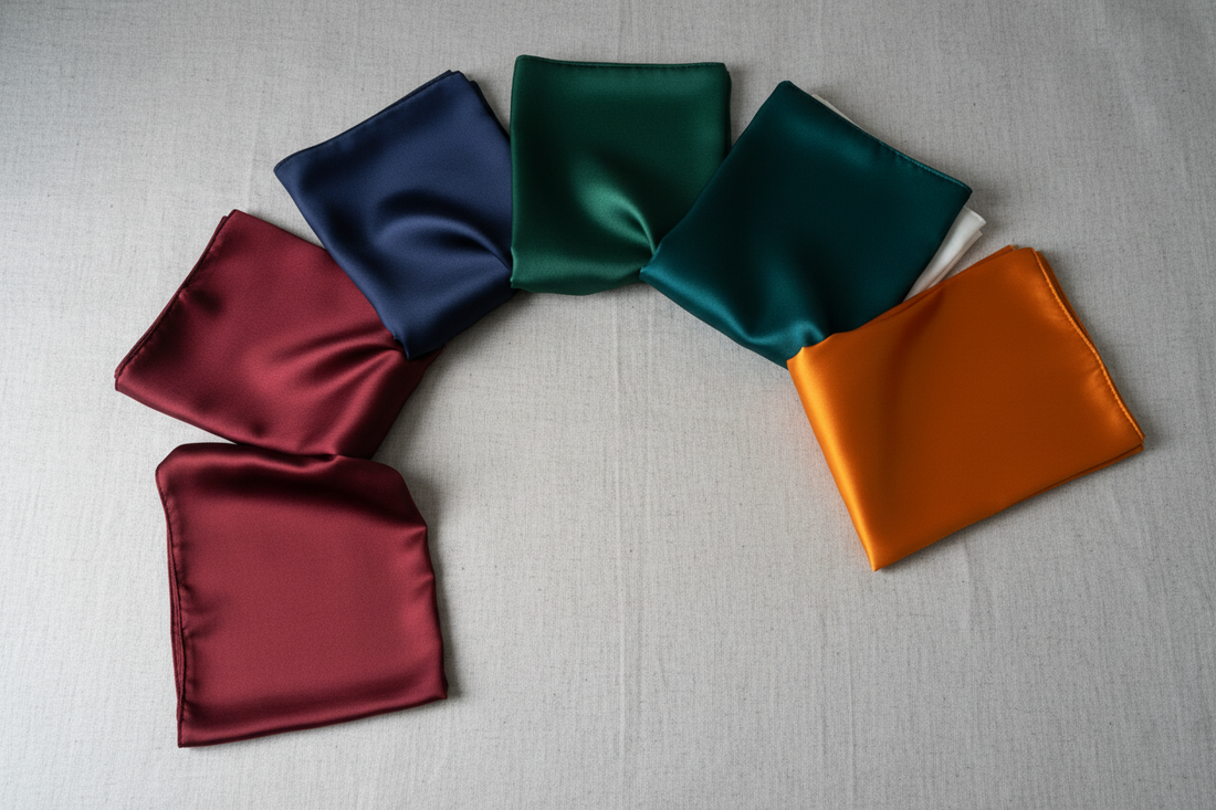 Five plain satin silk stoles in rich solid colours on elegant neutral surface