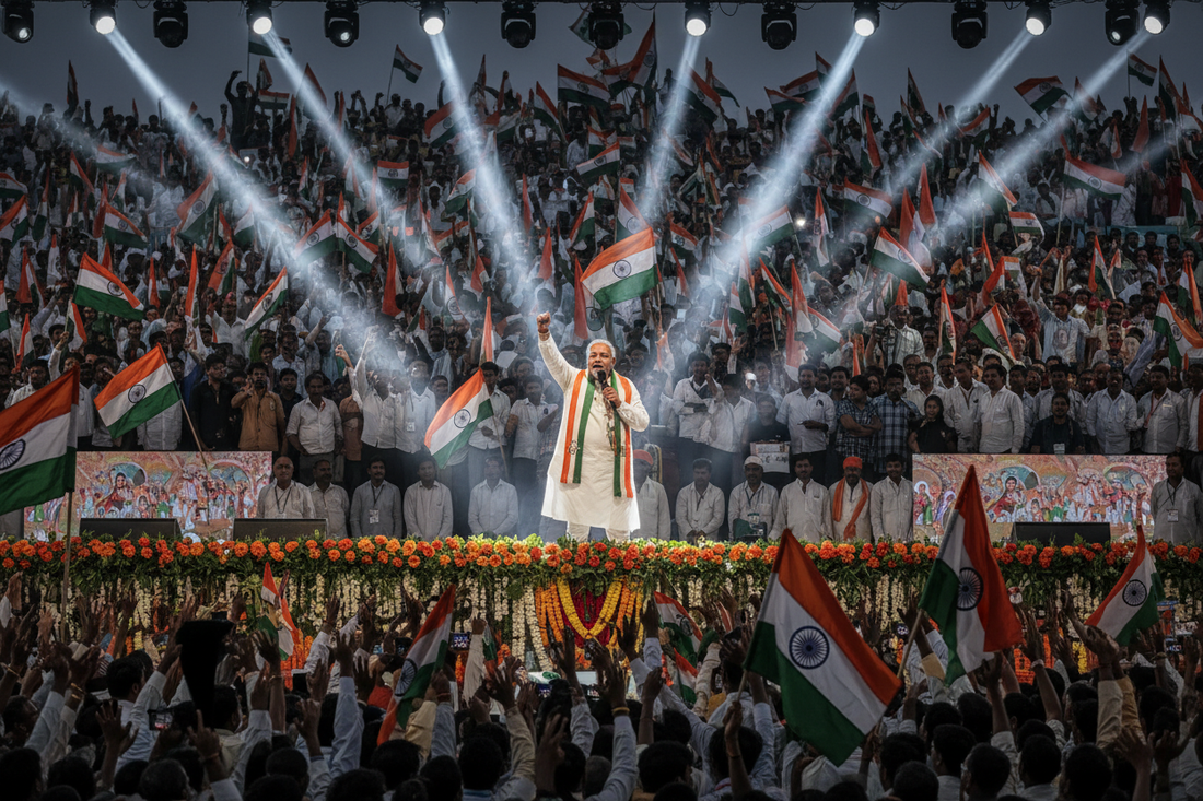 Indian political leader on stage draped in a tricolour stole addressing a rally — the felicitation stole as India's most powerful political and ceremonial accessory