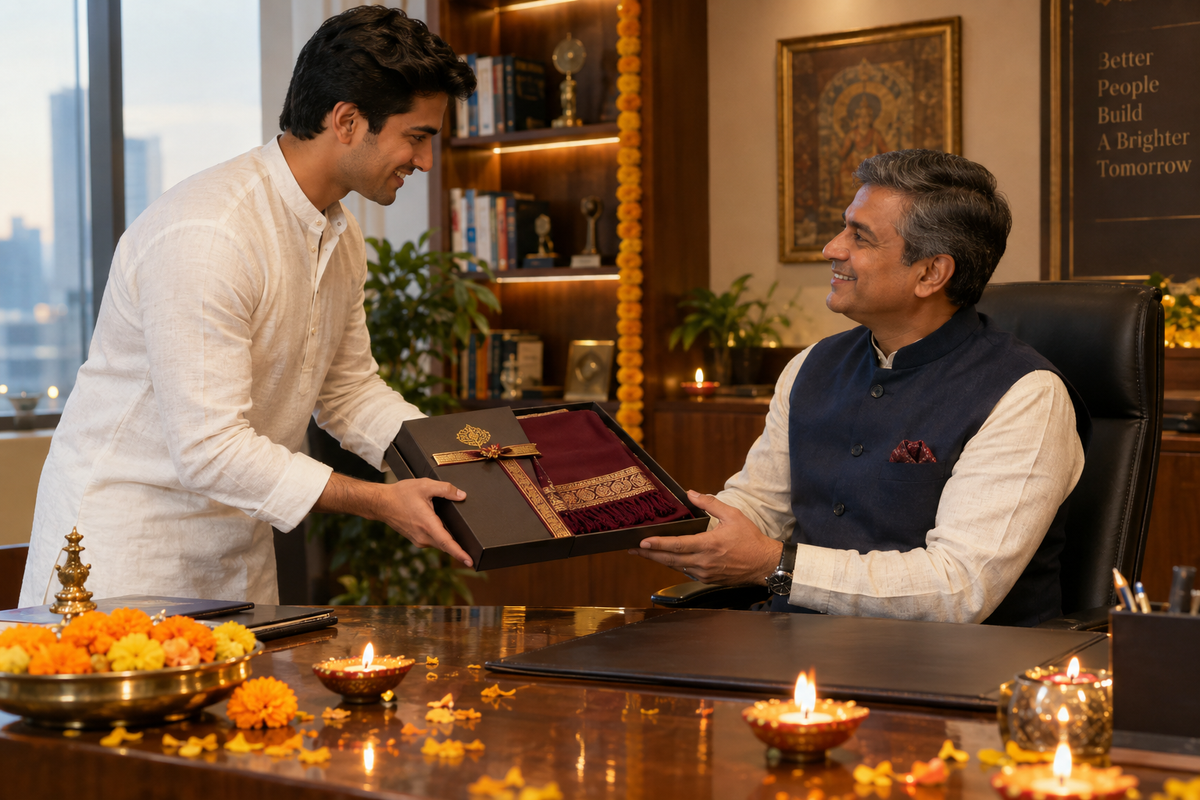 Young professional presenting premium burgundy stole gift to boss in festive Diwali office