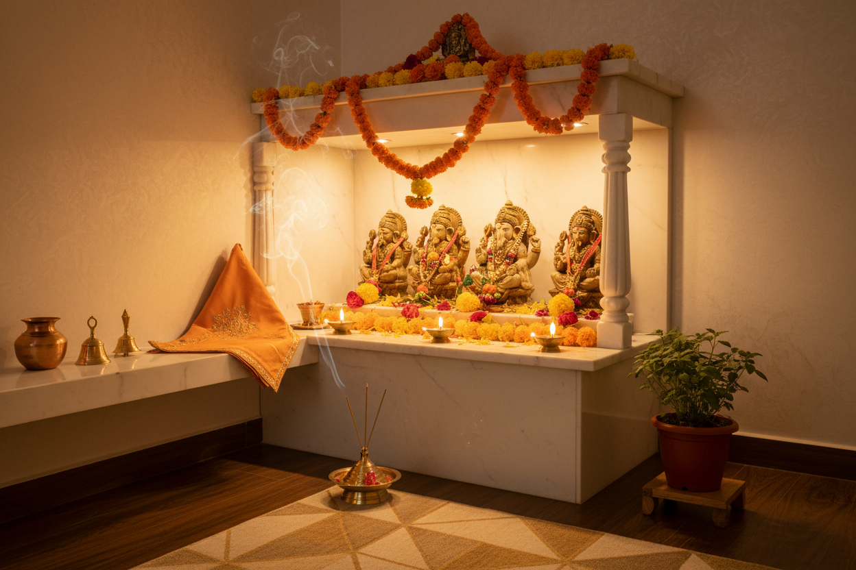 Beautiful Indian home puja room with brass idols diyas and saffron stole