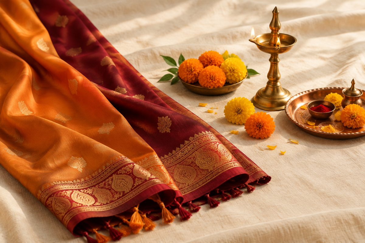 Saffron and maroon stole beside a brass diya, marigold flowers, and a puja thali on handloom fabric.