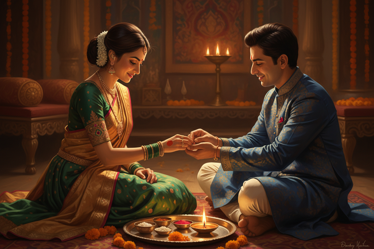 "Indian sister tying a sacred rakhi on her brother's wrist during Raksha Bandhan, with a traditional puja thali, diya flame and marigold flowers"
