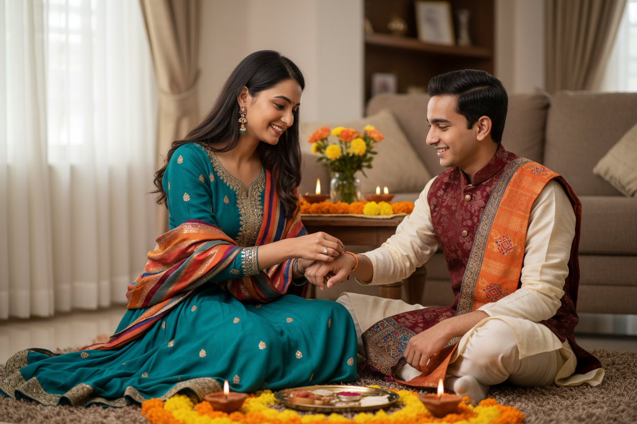 Young Indian sister tying rakhi on brother's wrist with diyas and stoles