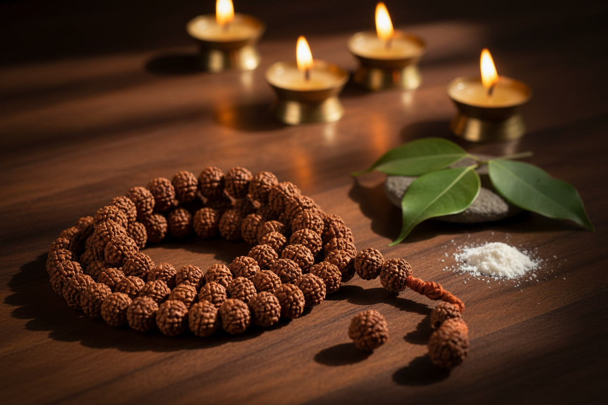 Authentic Rudraksha beads of different mukhi types arranged on a wooden surface with a sacred mala, bilva leaves and candlelight — a complete guide to choosing the right Rudraksha"