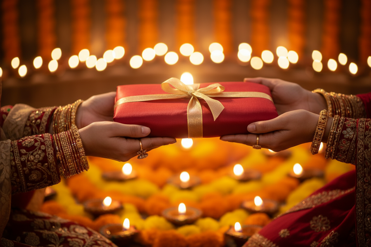 "Elegant hands offering a beautifully folded premium red silk stole tied with gold ribbon — the sacred Indian gifting tradition where a stole carries more meaning than any gift card"