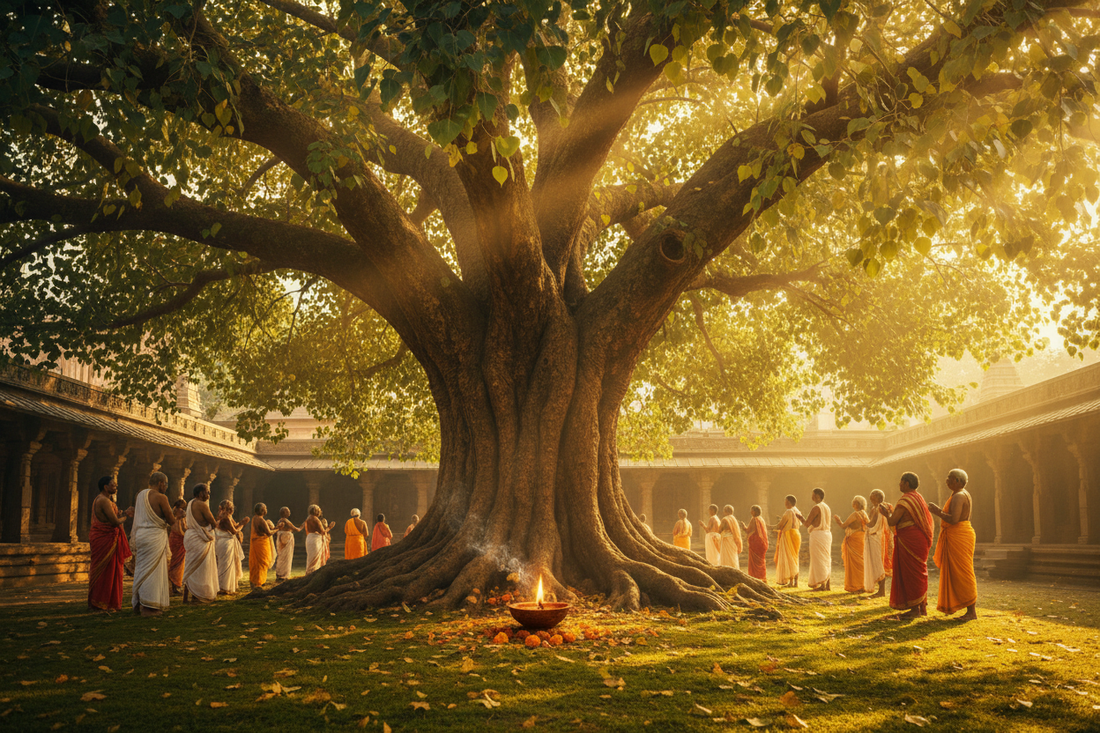 Ancient sacred Peepal tree with oil lamp at its base, golden morning light filtering through leaves — India's most revered tree