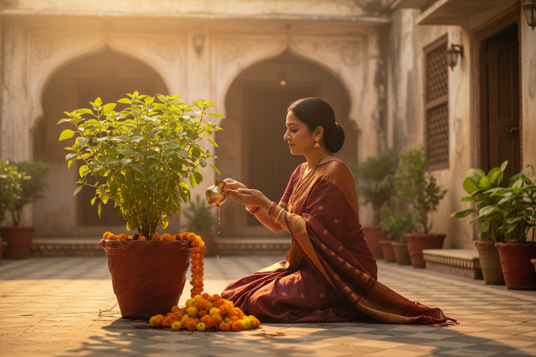 Sacred Tulsi plant in traditional Indian home with morning prayer