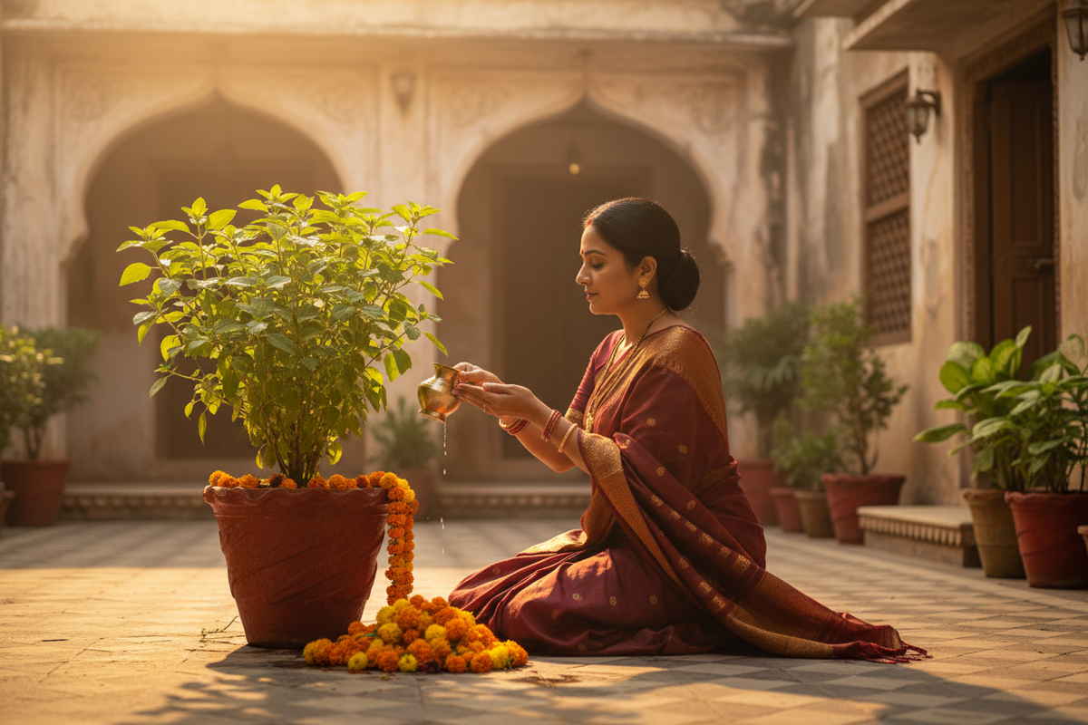 Sacred Tulsi plant in traditional Indian home with morning prayer