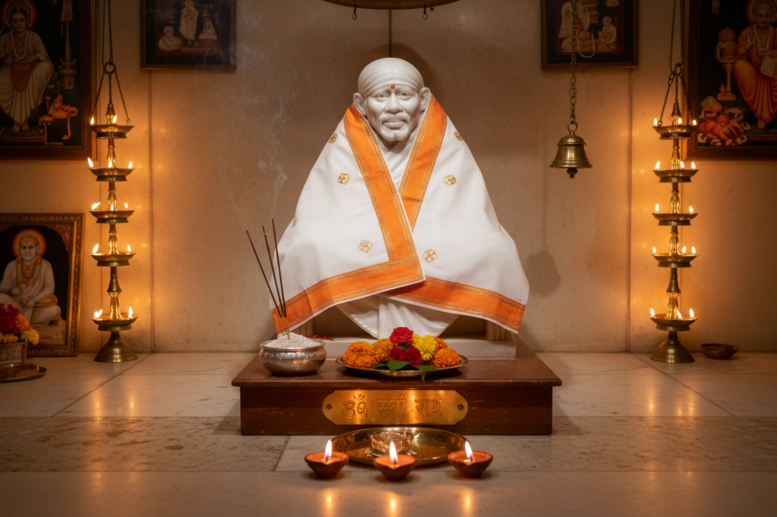 Sai Baba stole with Shirdi Sai Baba print displayed at devotional setting — premium Sai Baba stoles for pilgrimage and puja by Divya India