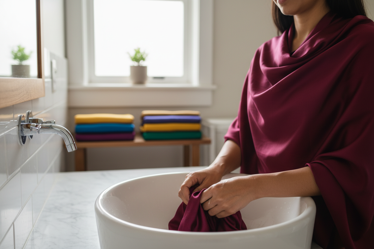 Indian woman carefully hand-washing premium satin silk stole at home