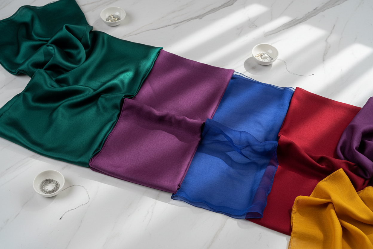 Satin silk and other fabric stole swatches showing texture and sheen differences