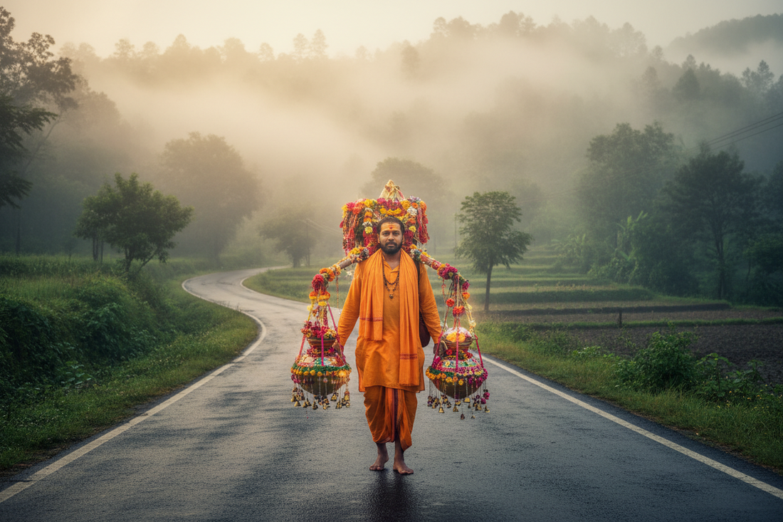 Saffron-clad Kanwariya carrying kanwar on misty monsoon morning road