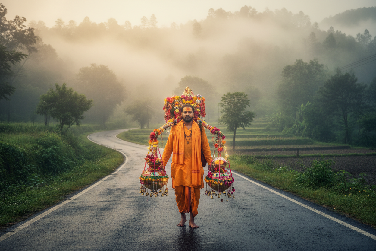 Saffron-clad Kanwariya carrying kanwar on misty monsoon morning road