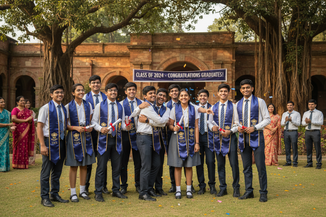 Proud students wearing customised institutional silk stoles at graduation ceremony