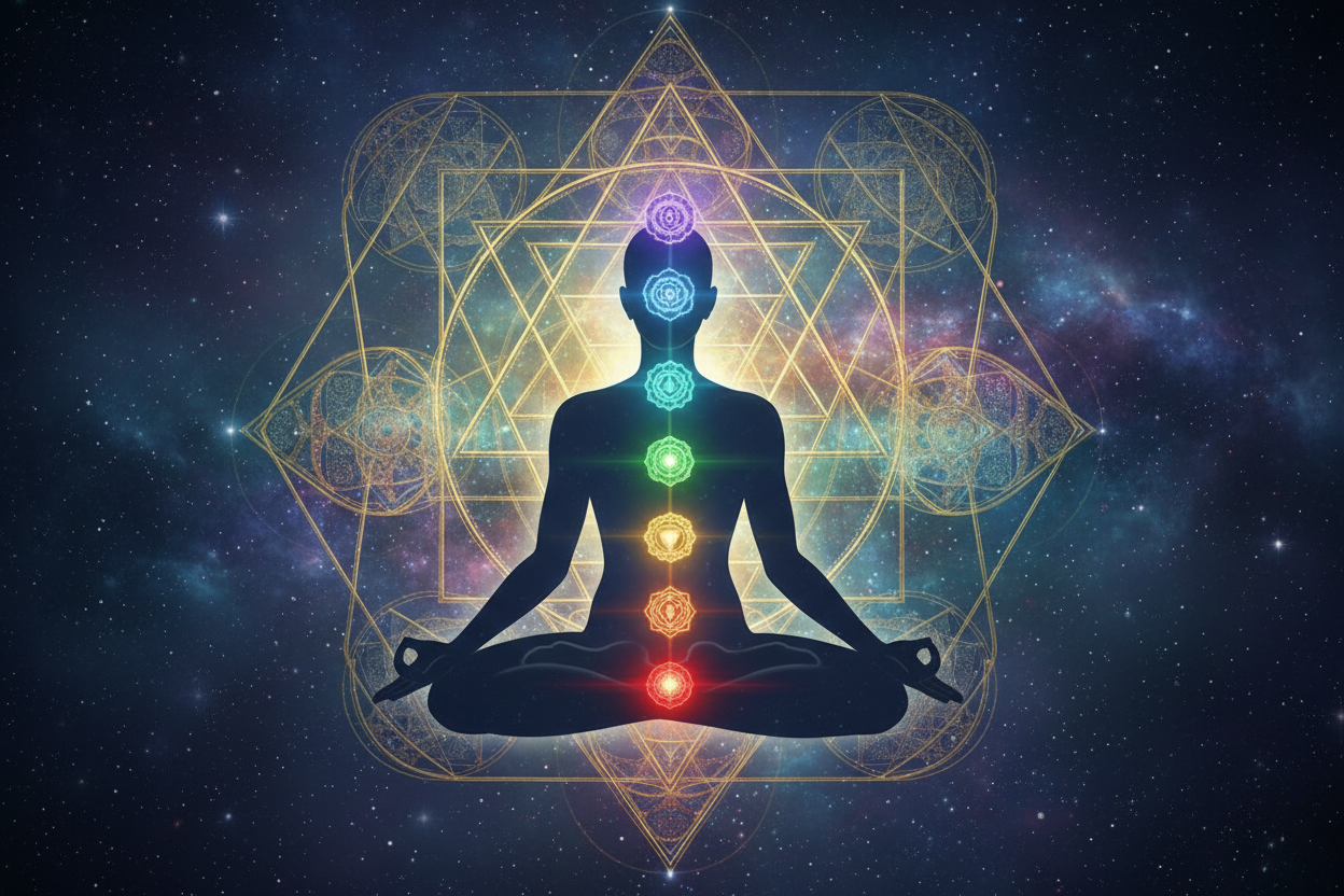 "The seven chakras glowing along a meditating human silhouette, from Muladhara at the base to Sahasrara at the crown, sacred geometry and cosmic light"