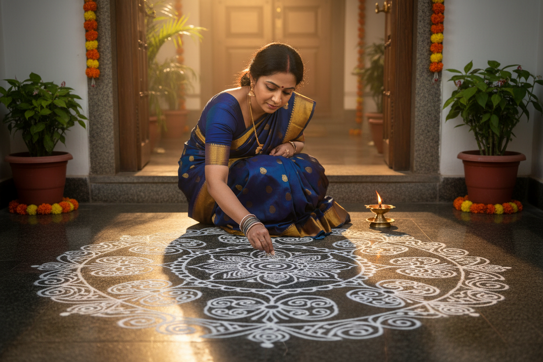 South Indian woman drawing Kolam at dawn — Secrets of the Sacred Vol. 31 by Divya India