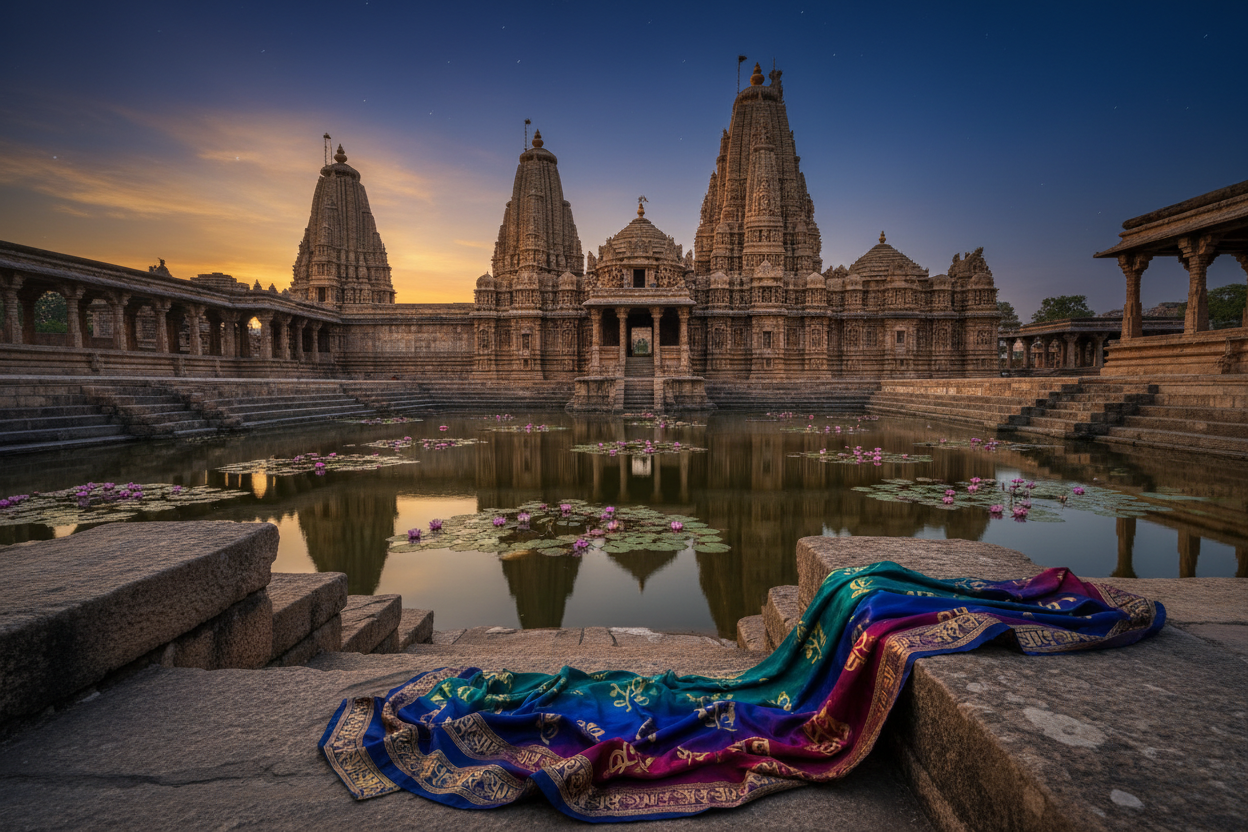 Ancient Indian temple at twilight with sacred lotus pond — Spiritual Stories by Divya India