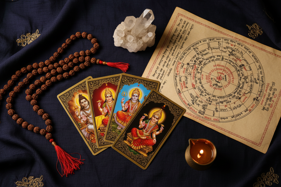  Indian deity tarot cards beside Vedic birth chart crystal and rudraksha mala