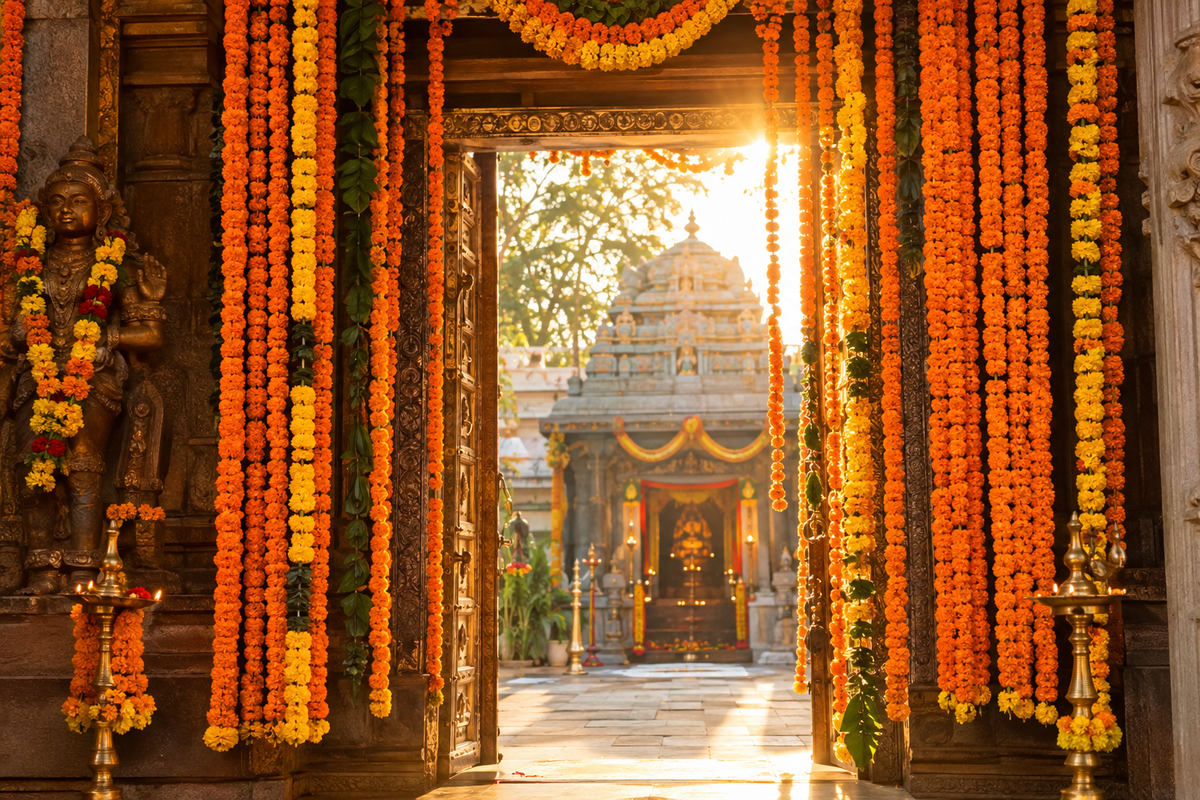 Temple entrance adorned with orange marigold garlands in golden morning light India