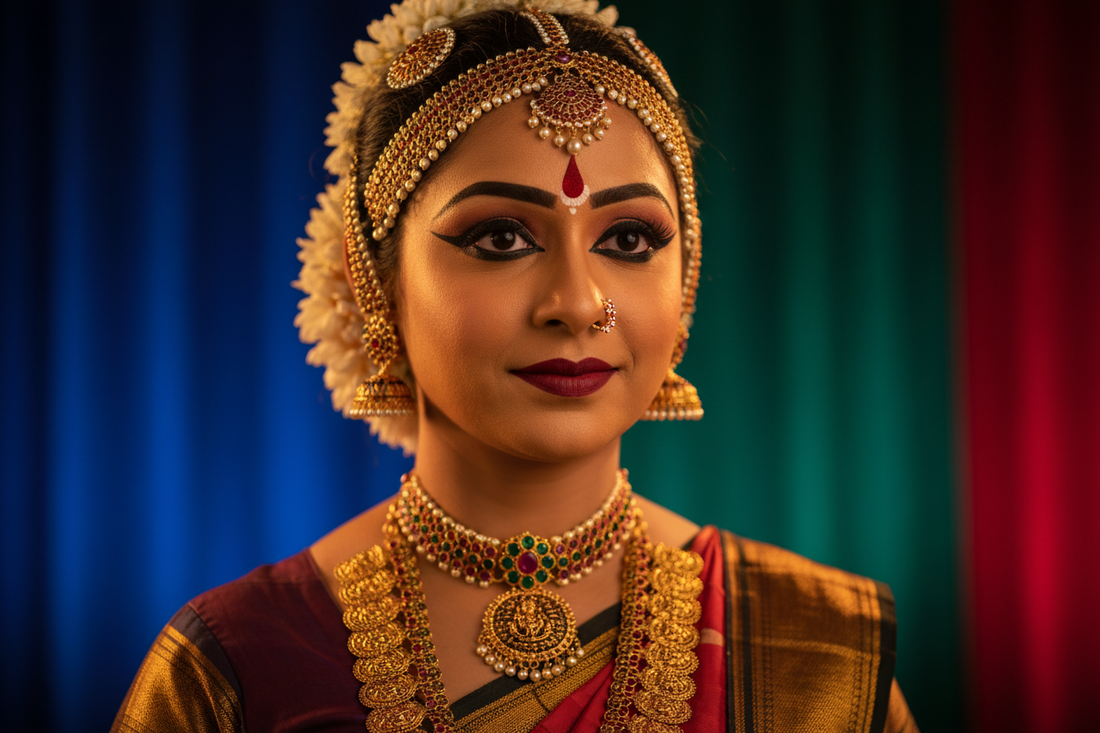 South Indian bride adorned with complete temple jewellery — layered gold necklaces, vanki, maang tikka, jimikki earrings and oddiyanam — the sacred meaning behind every ornament