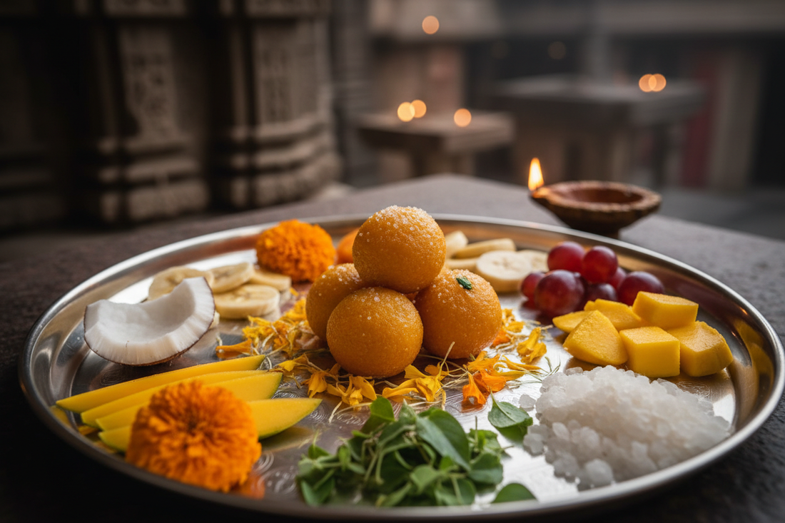 Sacred prasad offerings — golden laddoos, coconut, tulsi, mishri and fruits on a silver puja thali in warm temple lamplight