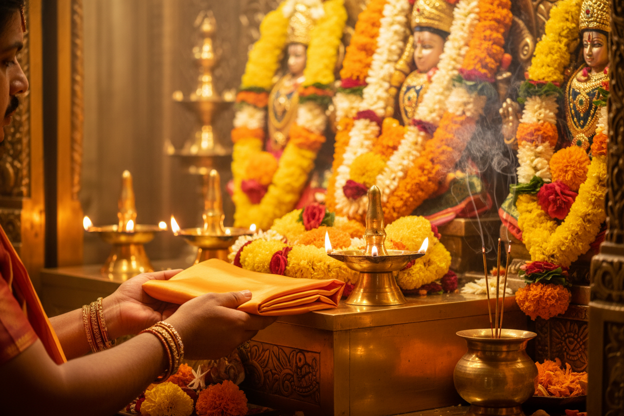 Devotee placing saffron silk stole at sacred Hindu temple shrine with diyas