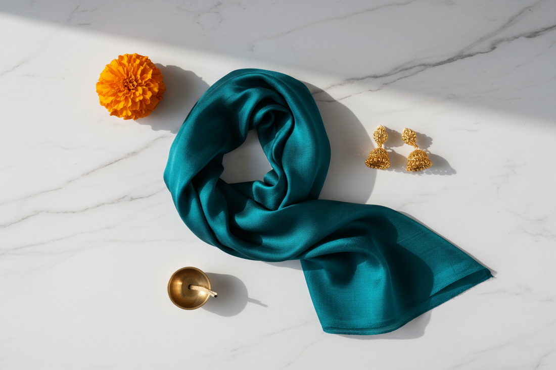A perfect minimal flat lay — one premium silk stole, gold jhumkas, brass diya and fresh marigold — the beauty of slow shopping and choosing one perfect thing